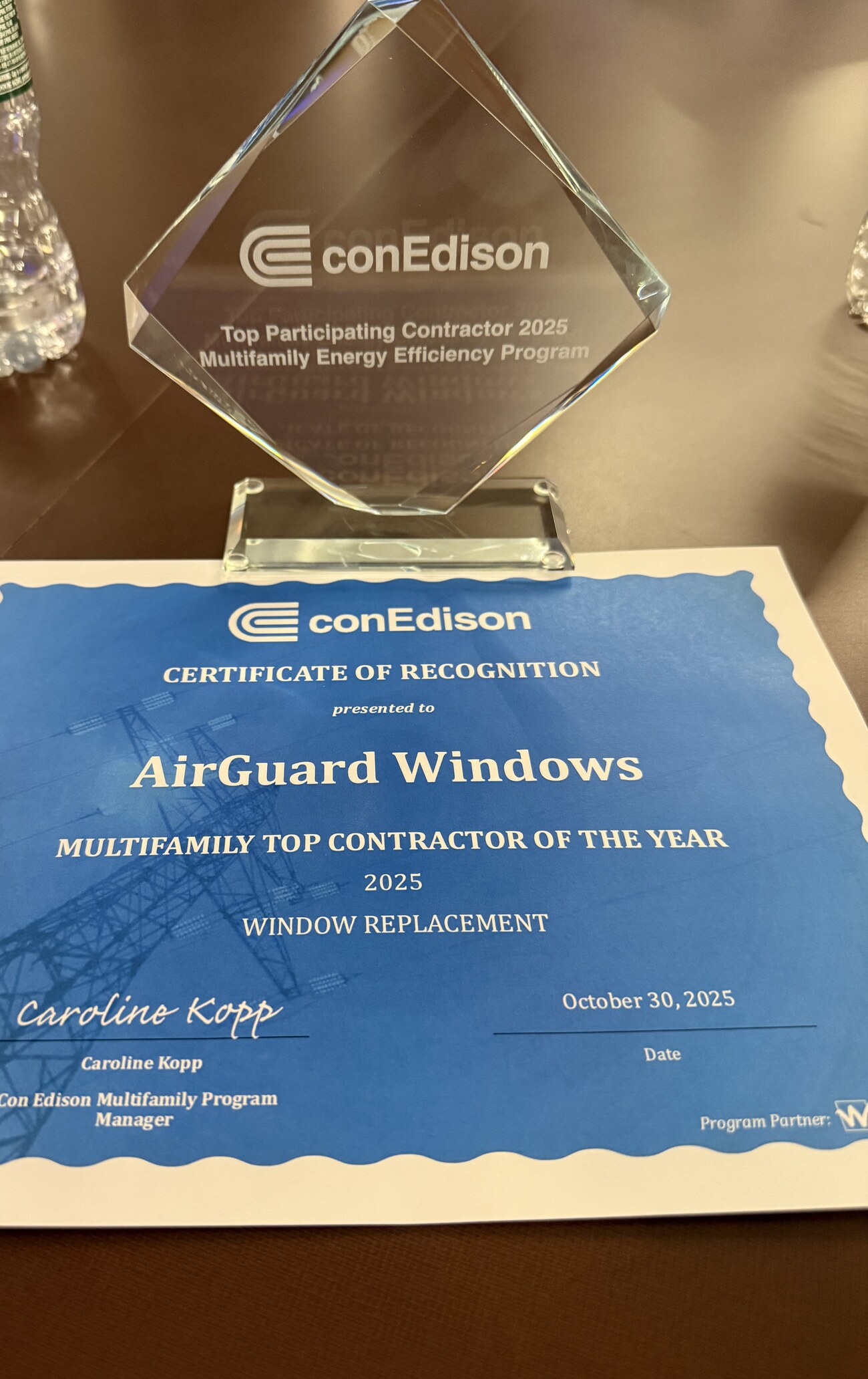 Con Edison Certificate of Recognition — AirGuard Windows, Multifamily Top Contractor of the Year 2025